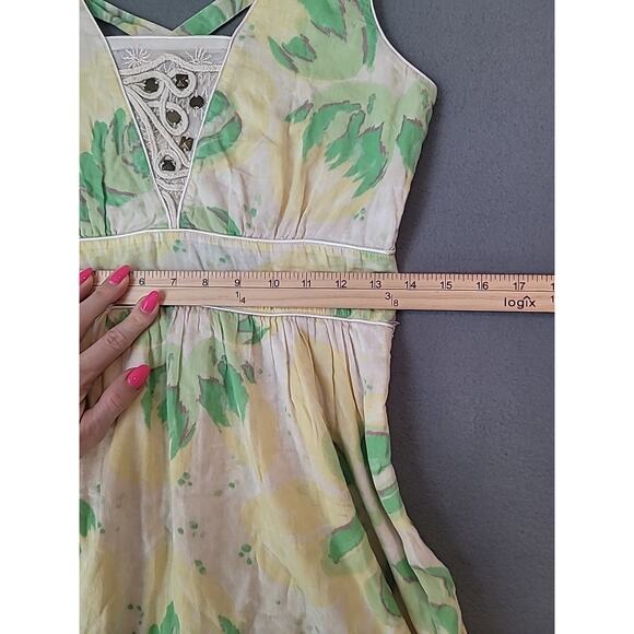 Free People Y2K Vintage Floral Mini Dress Yellow Green Size 6 Boho Retro EUC - Picture 8 of 9